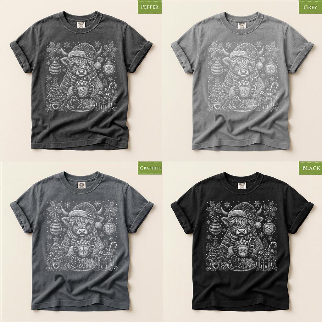 Comfort Colors® Highland Cow Christmas Shirt, Festive Holiday Tee, Cozy Winter Gift, Christmas Cow Graphic