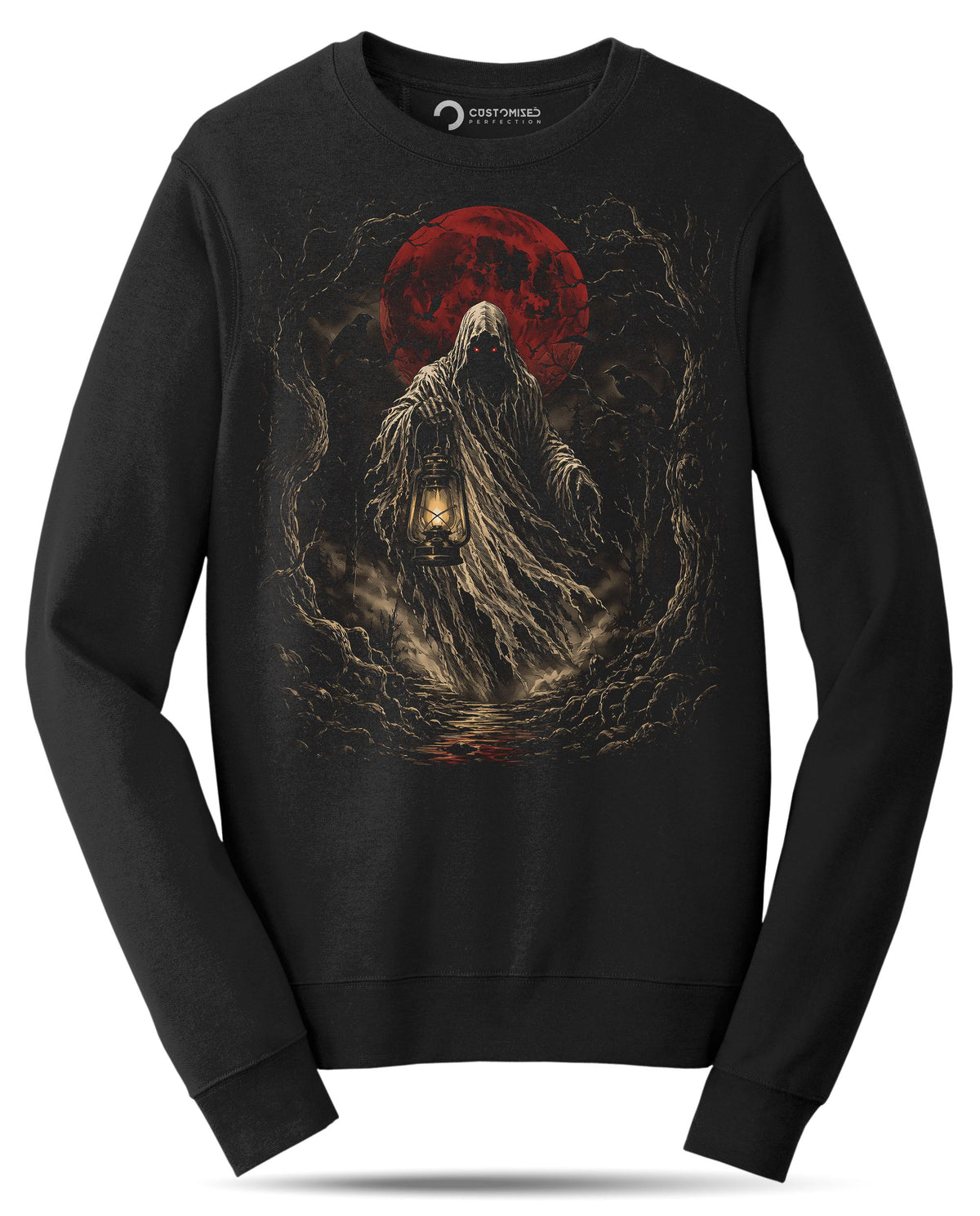 Hooded Wraith Blood Moon Shirt, Dark Fantasy Halloween T-Shirt, Glowing Eyes Lantern Hoodie, Gothic Forest Sweatshirt, Horror Tee Gift