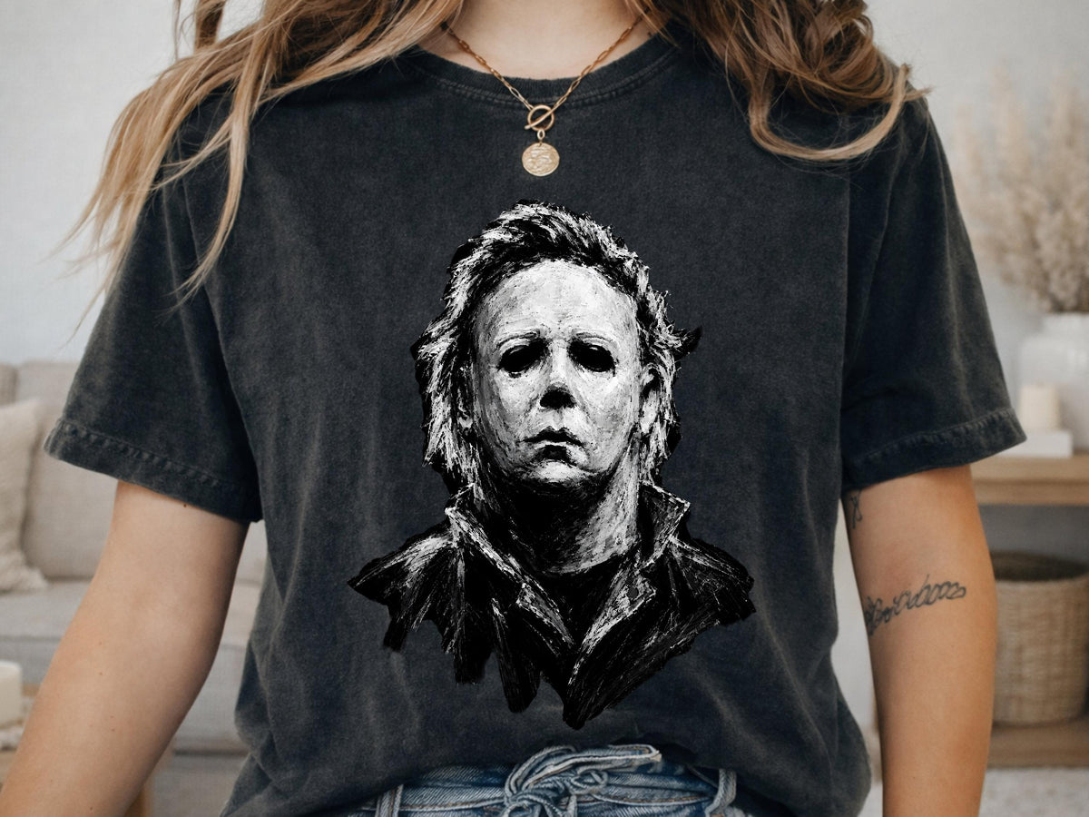 Masked Slasher Portrait Shirt, Dark Horror Mask T-Shirt, Chalk Art Horror Hoodie, Black and White Horror Sweatshirt, Halloween Tee Gift