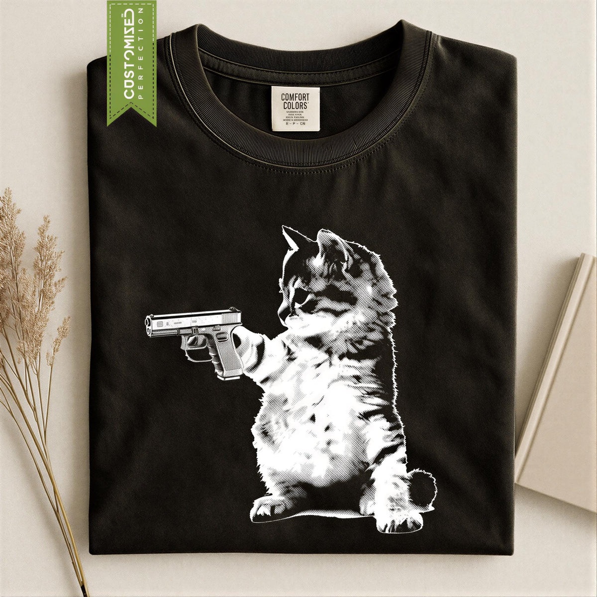 Comfort Colors® Cat Holding Gun Shirt, Funny Kitty Tee for Feline Lovers