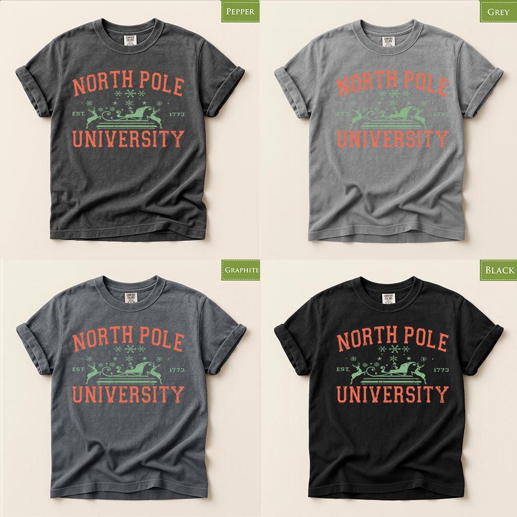 Comfort Colors® North Pole University Christmas Shirt, Funny Christmas College Tee, Santa Sleigh Holiday Shirt, Xmas Gift