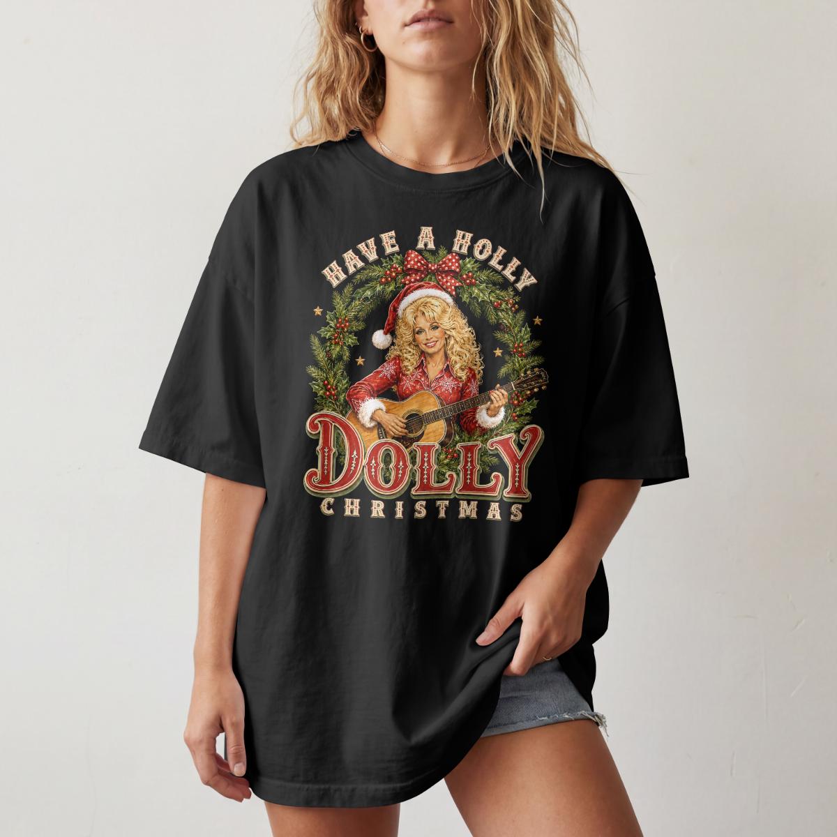 Comfort Colors® Have A Holly Dolly Christmas Shirt, Dolly Parton Guitar T-Shirt, Santa Hat Country Christmas Tee, Country Music Gift Idea