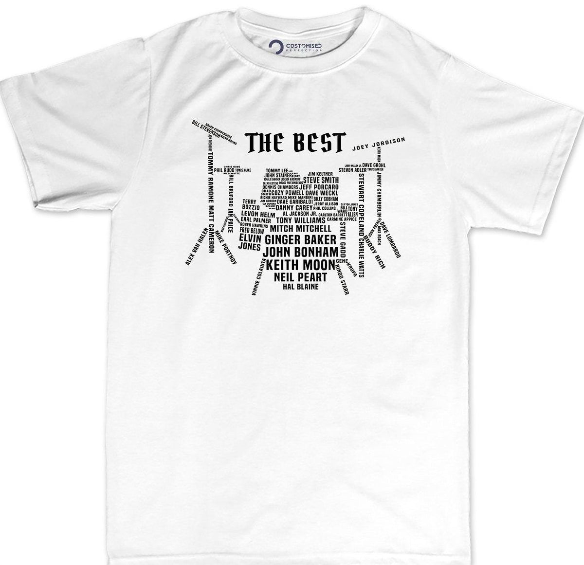 Drummer T-Shirt: Iconic Drum Set Design with Legendary Names, Percussion Gift