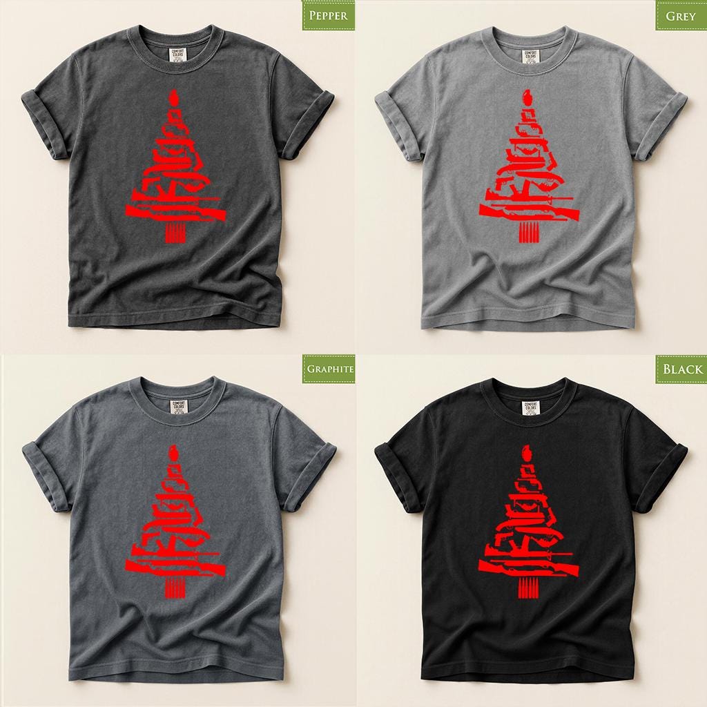 Comfort Colors® Christmas Tree Gun Shirt, Firearm Holiday Tee, Funny Hunting Christmas Graphic, Festive Gift