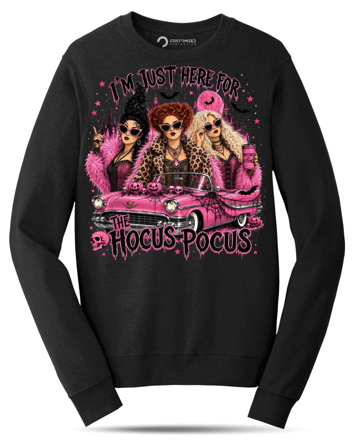 Three Witches Pink Car Shirt, Retro Witch Squad T-Shirt, Sassy Halloween Trio Hoodie, Pink Cadillac Witches Sweatshirt, Halloween Tee Gift