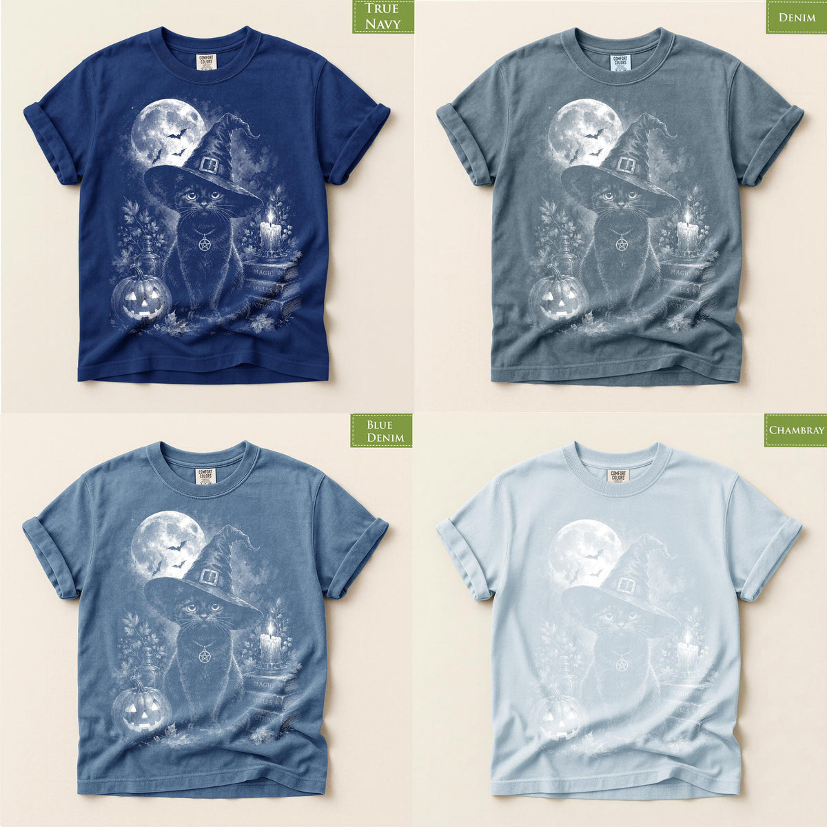 Comfort Colors® Black Cat Witch Graphic Tee, Halloween Pumpkin Moon Shirt, Spooky Magic Apparel Gift