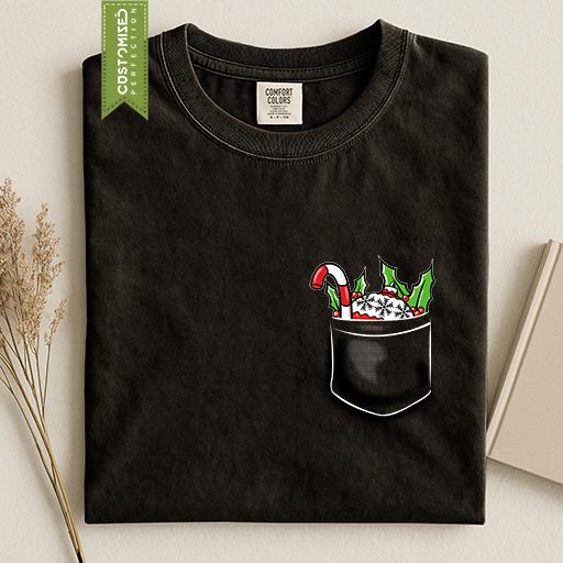Comfort Colors® Christmas Pocket Shirt, Candy Cane Holiday Tee, Cute Festive Graphic, Christmas Gift