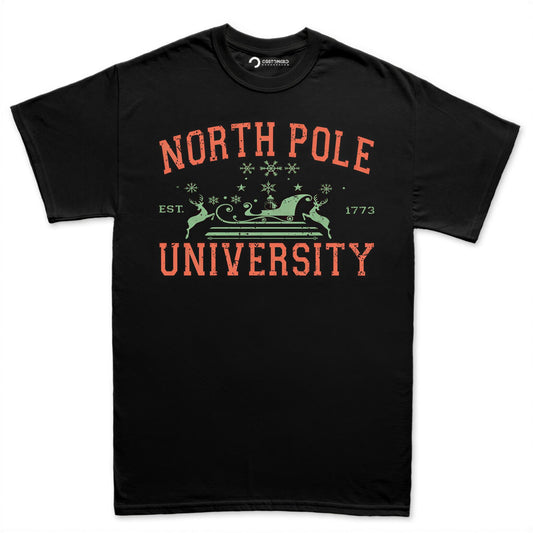 North Pole University Shirt, Vintage Varsity Christmas T-Shirt, Retro Reindeer Sleigh Hoodie, Collegiate Holiday Sweatshirt