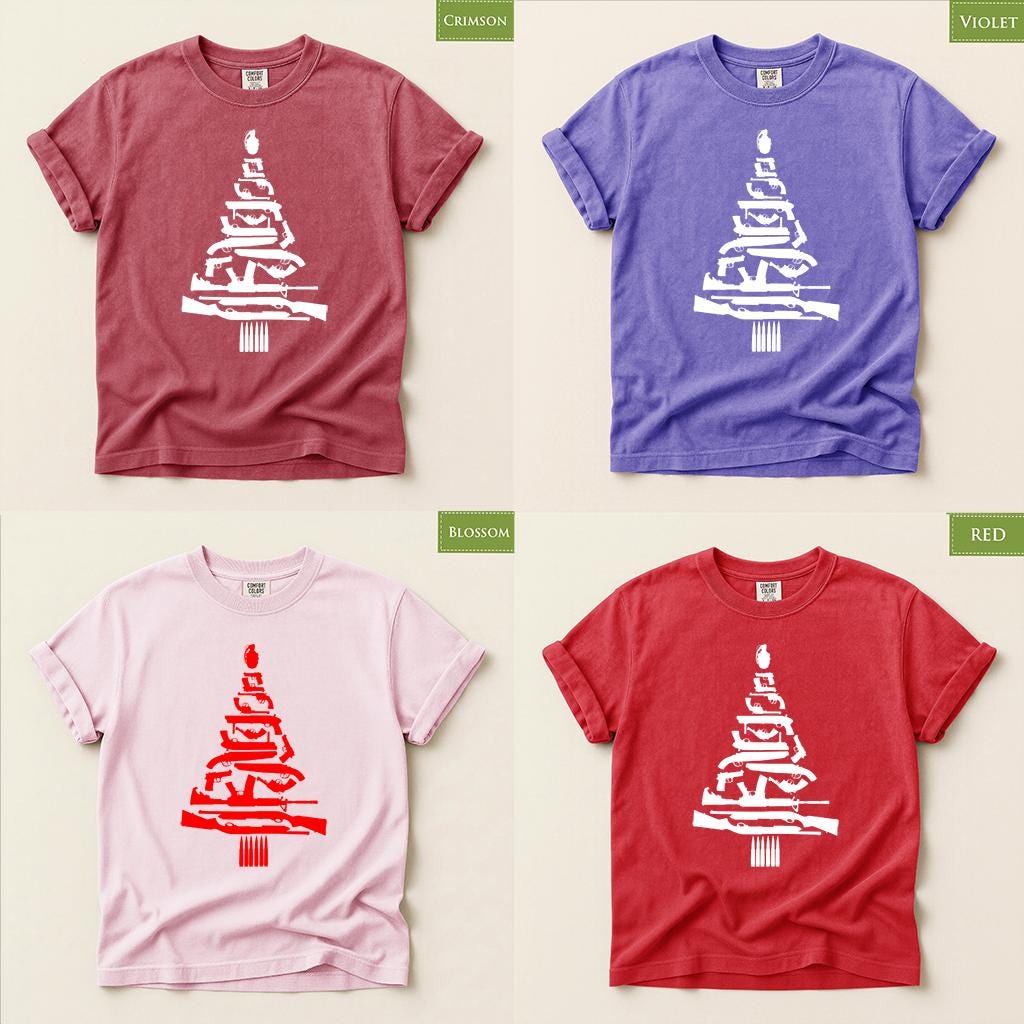 Comfort Colors® Christmas Tree Gun Shirt, Firearm Holiday Tee, Funny Hunting Christmas Graphic, Festive Gift