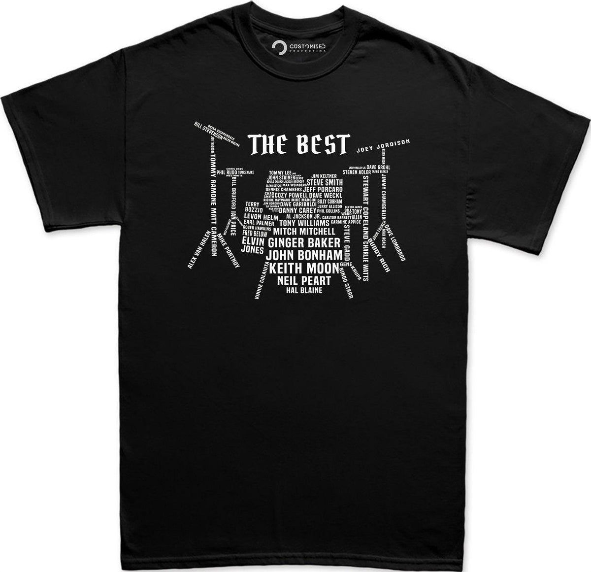 Drummer T-Shirt: Iconic Drum Set Design with Legendary Names, Percussion Gift
