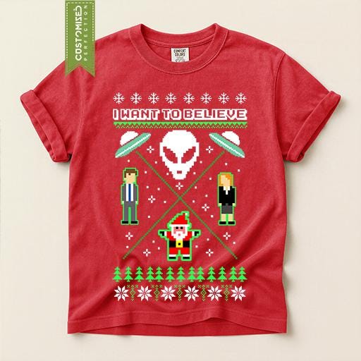 Comfort Colors® I Want to Believe Christmas Shirt, Alien UFO Holiday Tee, Retro X Files Inspired Gift, Funny Xmas Graphic