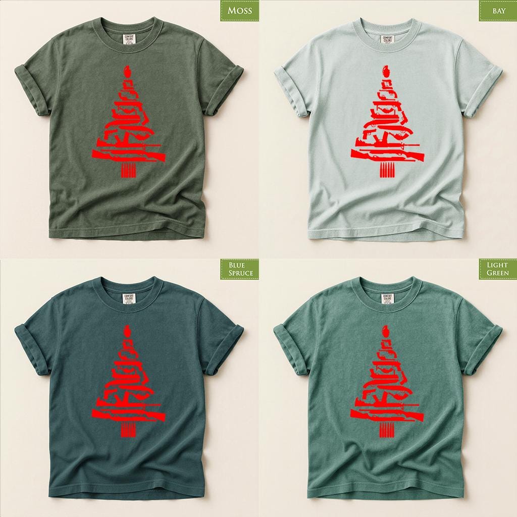 Comfort Colors® Christmas Tree Gun Shirt, Firearm Holiday Tee, Funny Hunting Christmas Graphic, Festive Gift