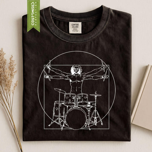 Vitruvian Drummer T-Shirt: Da Vinci Inspired Drum Graphic Tee for Percussionists