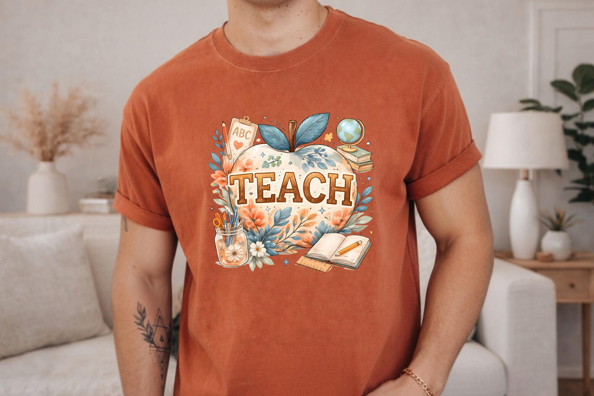 Comfort Colors® Boho Teach Apple Teacher Shirt, Floral Classroom Educator Back to School Graphic Tee