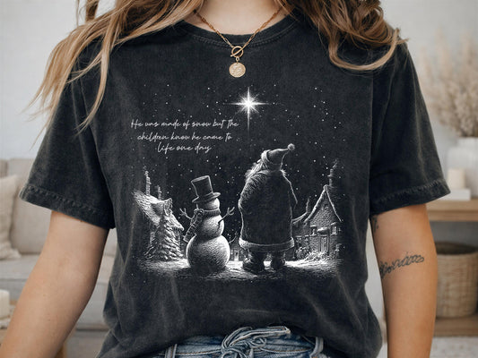 Comfort Colors® Frosty Christmas Shirt, He Was Made of Snow Holiday Tee, Vintage Winter Scene, Snowman Christmas Gift