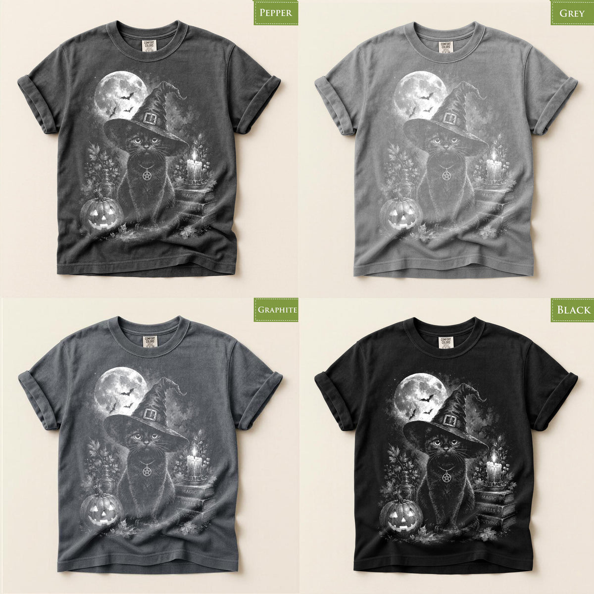 Comfort Colors® Black Cat Witch Graphic Tee, Halloween Pumpkin Moon Shirt, Spooky Magic Apparel Gift