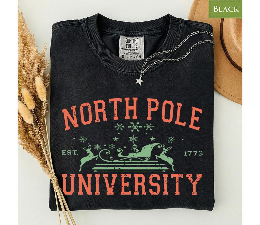 North Pole University Shirt, Vintage Varsity Christmas T-Shirt, Retro Reindeer Sleigh Hoodie, Collegiate Holiday Sweatshirt