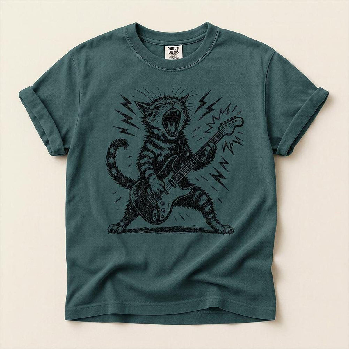 Rock n Roll Cat Playing Guitar Shirt | Comfort Colors® Funny Music Lover Kitty Tee