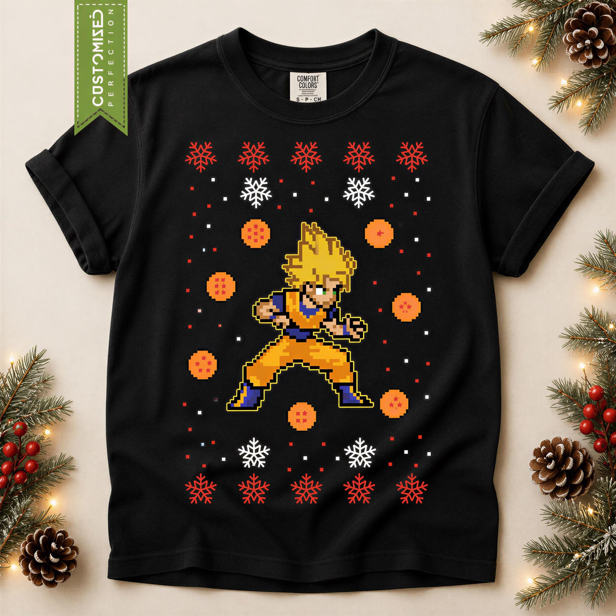 Comfort Colors® Super Saiyan Christmas Shirt, Anime Holiday Tee, Pixel Art Christmas Graphic, Dragon Ball Inspired Gift