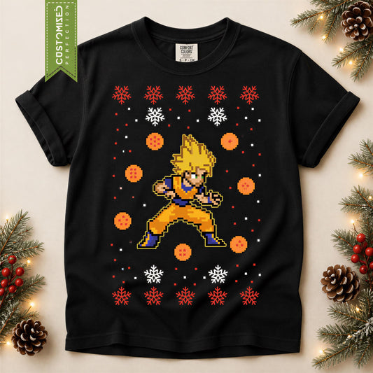 Comfort Colors® Super Saiyan Christmas Shirt, Anime Holiday Tee, Pixel Art Christmas Graphic, Dragon Ball Inspired Gift