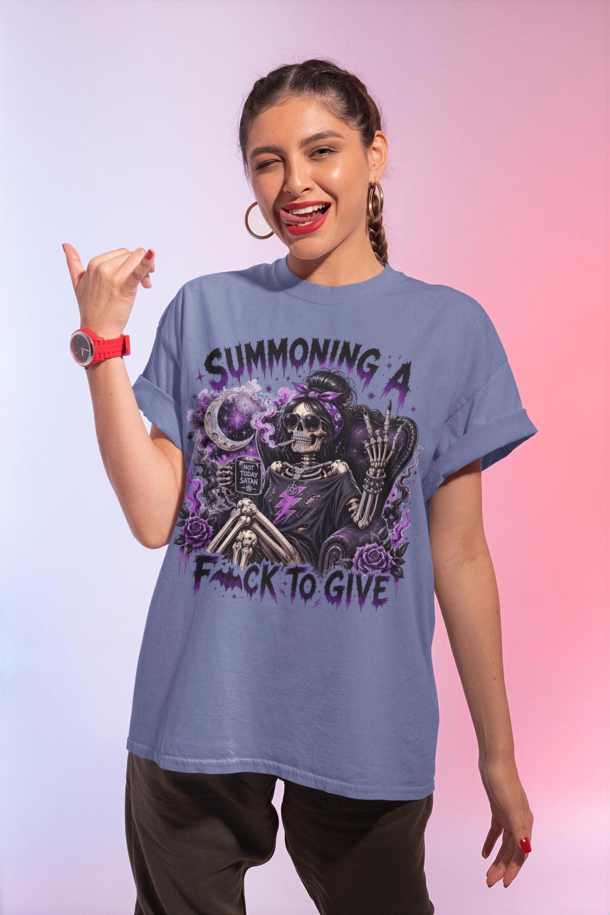 Summoning A Fuck To Give Shirt, Comfort Colors® Sarcastic Witch Skull Tee, Halloween Punk Rock Sarcastic T-shirt, Gift Idea For Her