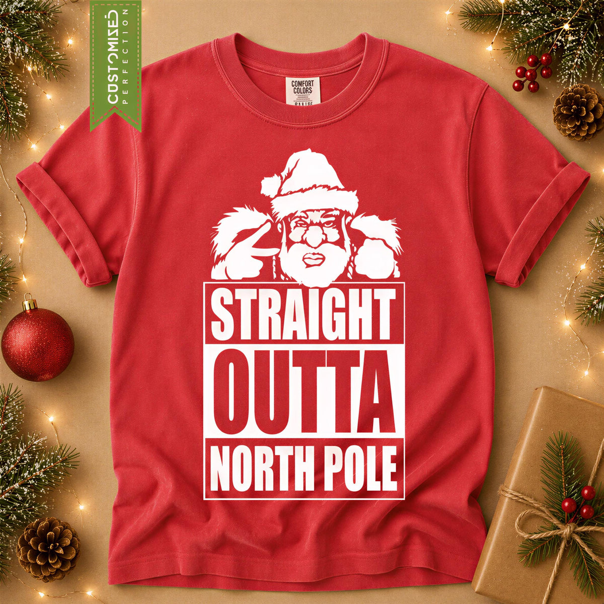 Comfort Colors® Straight Outta North Pole Shirt, Funny Santa Christmas Tee, Retro Holiday Graphic, Festive Gift