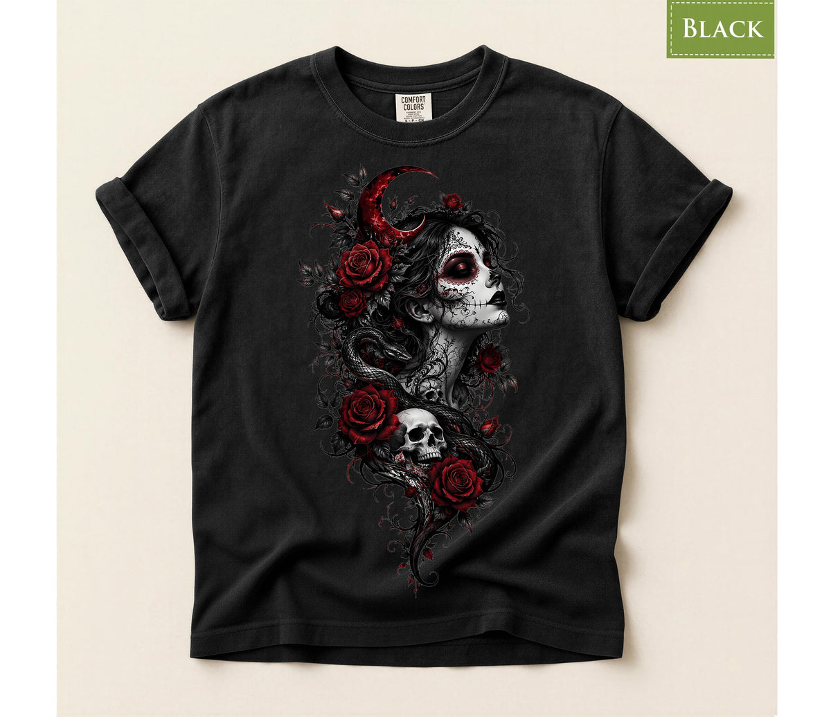 Comfort Colors® Gothic Skull Rose Snake Graphic Tee, Halloween Dark Magic Shirt, Día de los Muertos