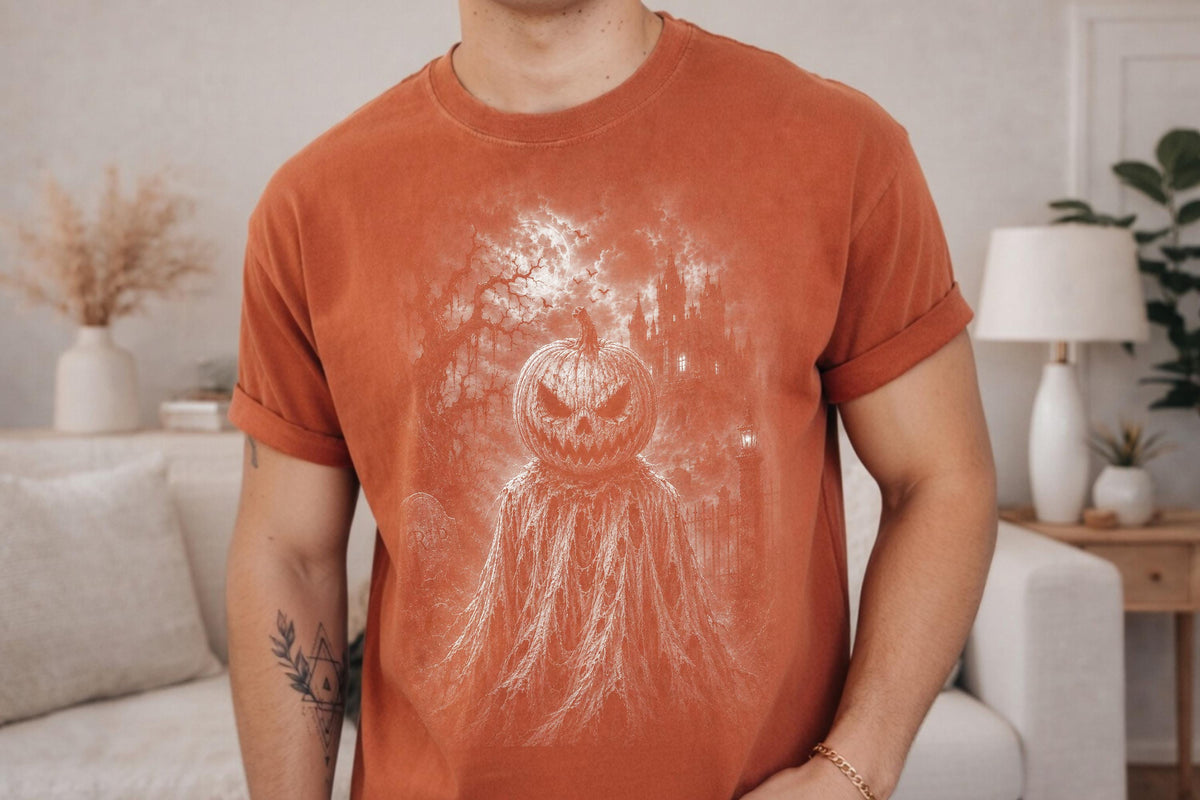 Comfort Colors® Pumpkin Scarecrow Graphic Tee, Haunted Halloween Shirt, Spooky Gothic Apparel Gift