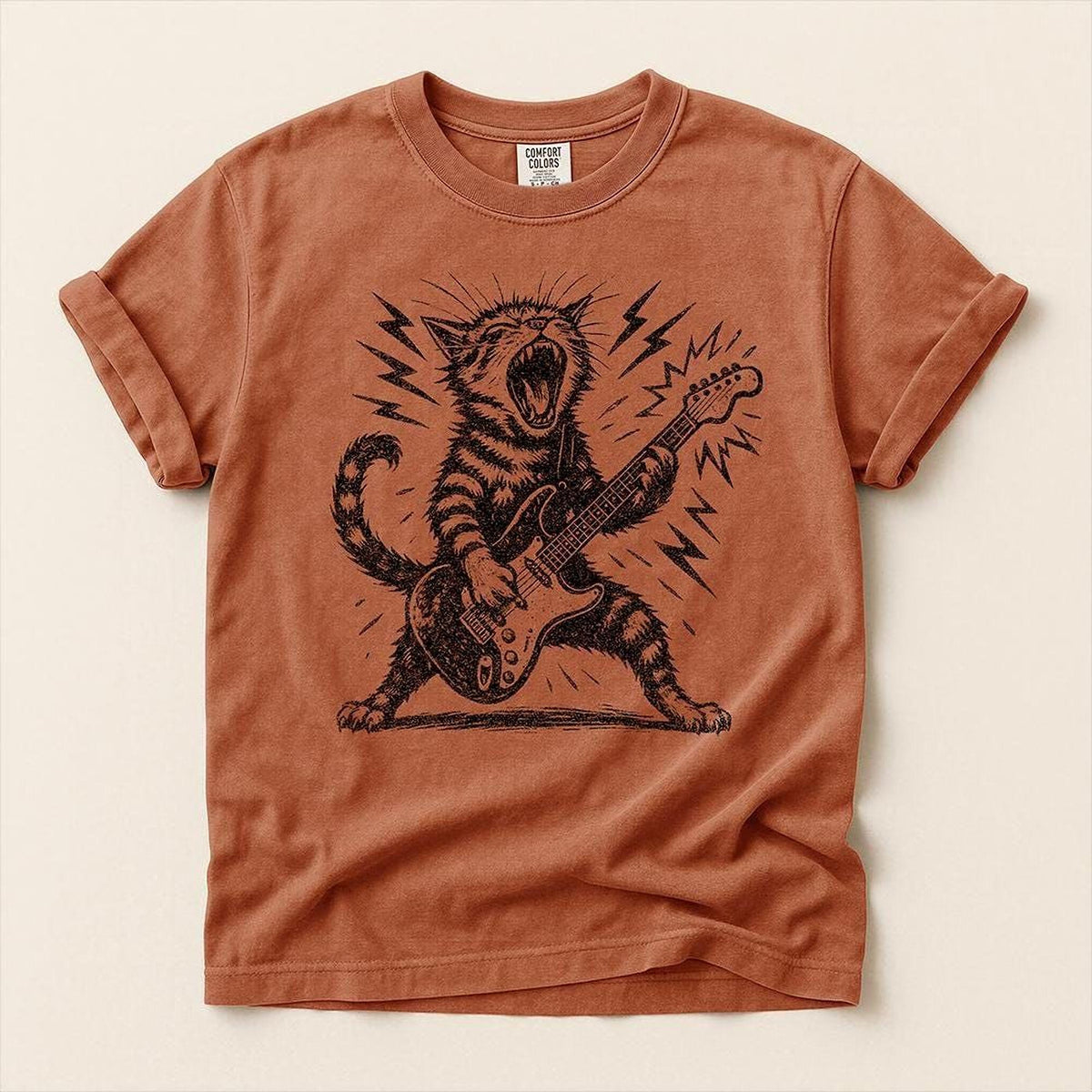 Rock n Roll Cat Playing Guitar Shirt | Comfort Colors® Funny Music Lover Kitty Tee