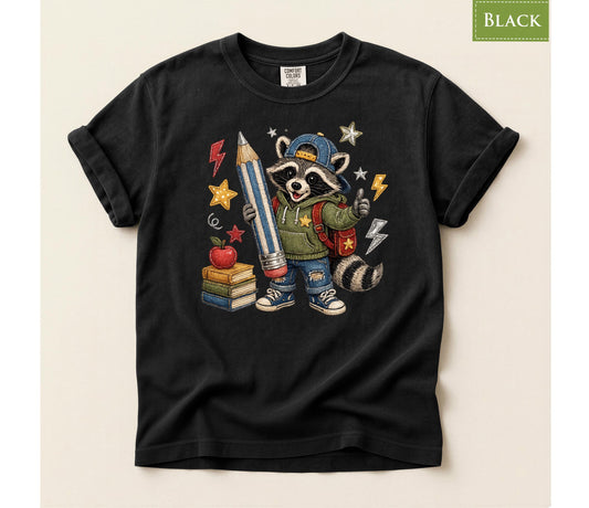 Comfort Colors® Raccoon Back To School Youth T-Shirt, Graphic Tee, Retro Illustration, Kids Casual Top