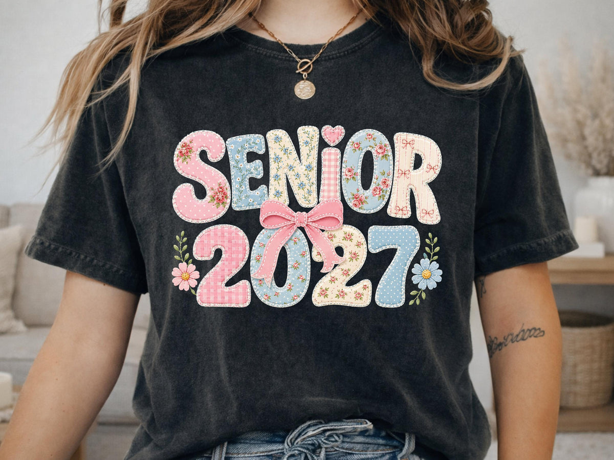 Senior 2027 Shirt | Floral Patchwork Senior T-Shirt | Cute Coquette Graduation Tee | Class Of 2027 Grad Gift For Her | Cute Senior Squad Tee