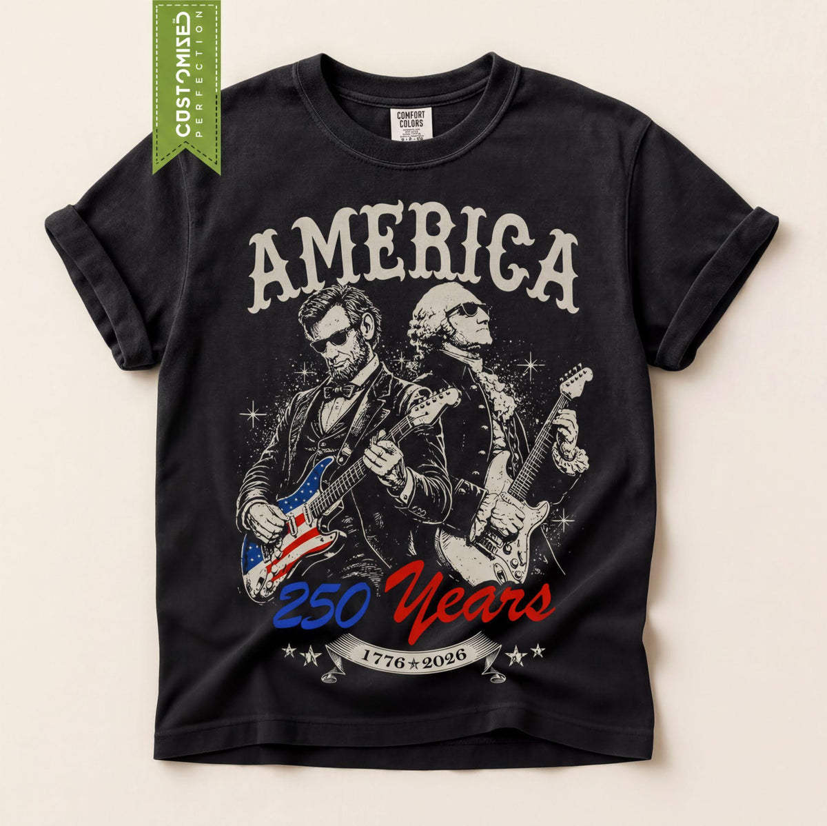 Comfort Colors® Abraham Lincoln and George Washing Playing Guitar T-shirt, July 4th 250th Anniversary Tee, America 250 Celebration Tshirt