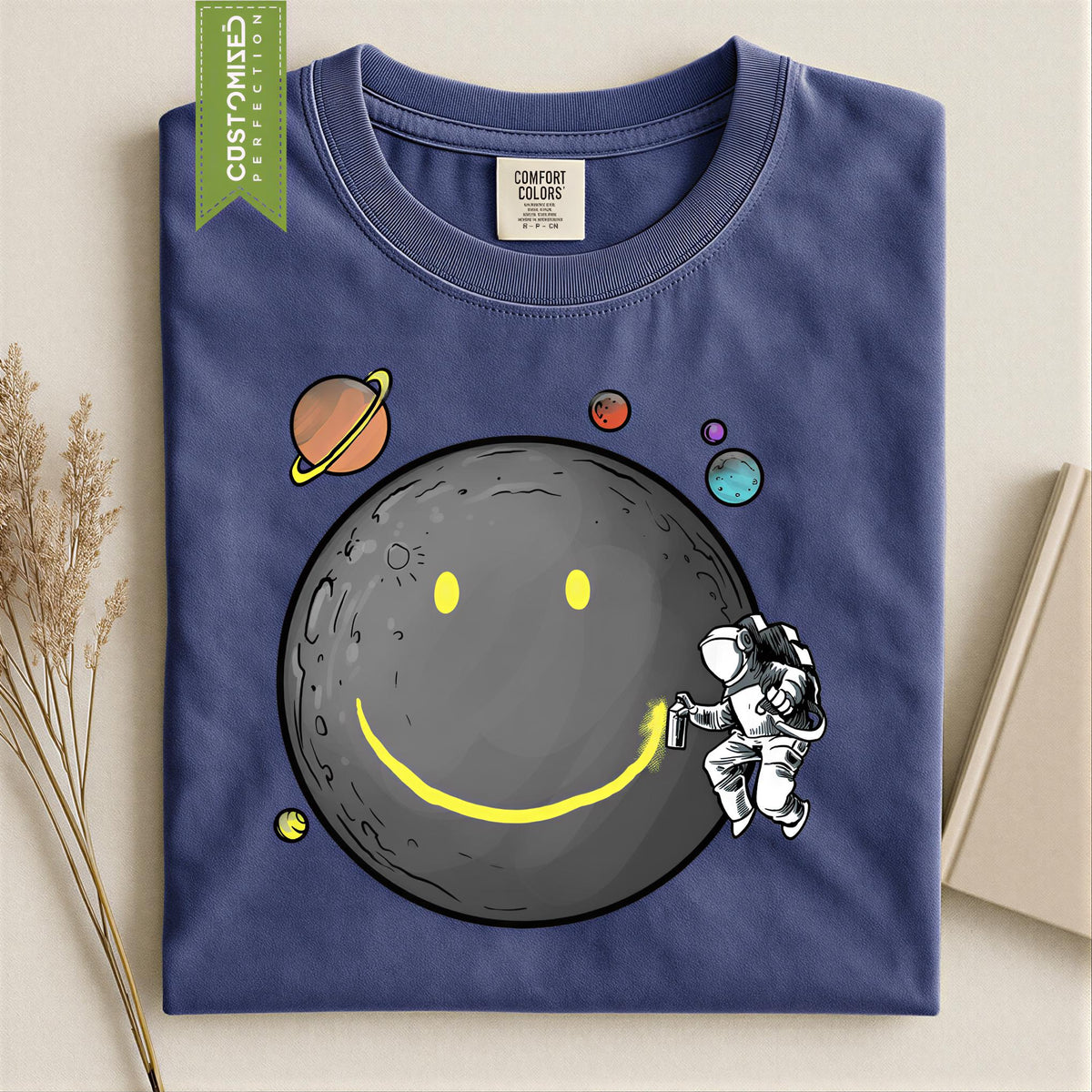 Comfort Colors® Smiley Moon T-Shirt, Astronaut Spraying Graffiti Tee, Retro Moonwalk Top
