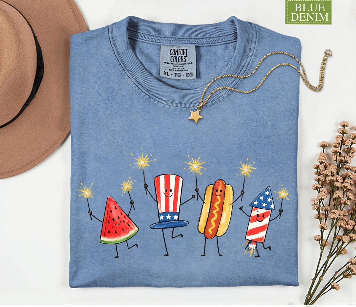 Comfort Colors® Patriotic Watermelon Hotdog Firework Shirt, Retro Fourth of July Tee