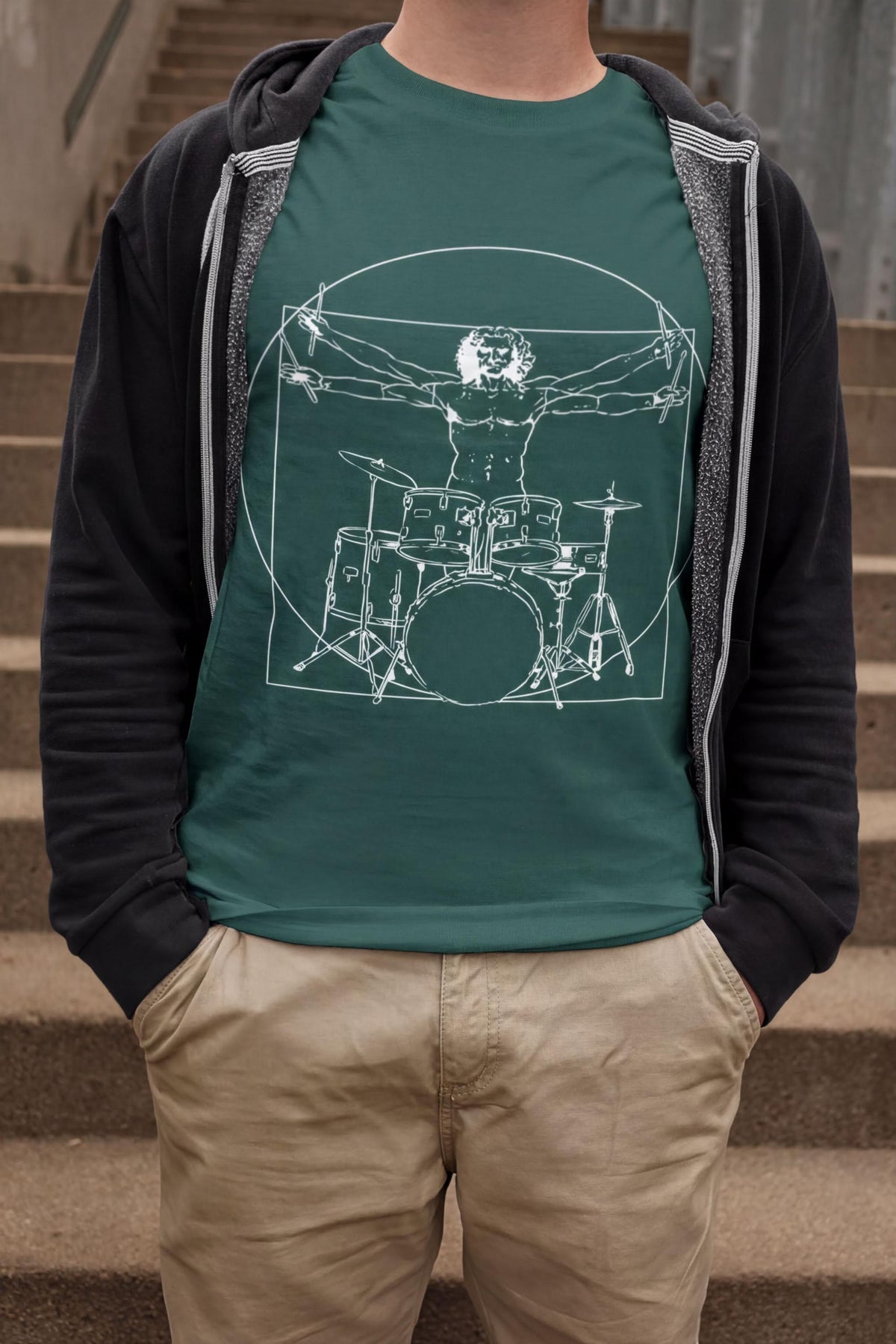Vitruvian Drummer T-Shirt: Da Vinci Inspired Drum Graphic Tee for Percussionists