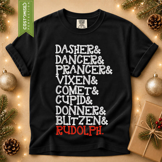 Comfort Colors® Dasher Dancer Prancer Rudolph Christmas Shirt, Reindeer Holiday Tee, Vintage Xmas Gift, Festive Graphic
