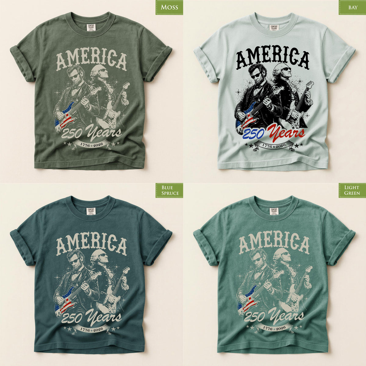 Comfort Colors® Abraham Lincoln and George Washing Playing Guitar T-shirt, July 4th 250th Anniversary Tee, America 250 Celebration Tshirt