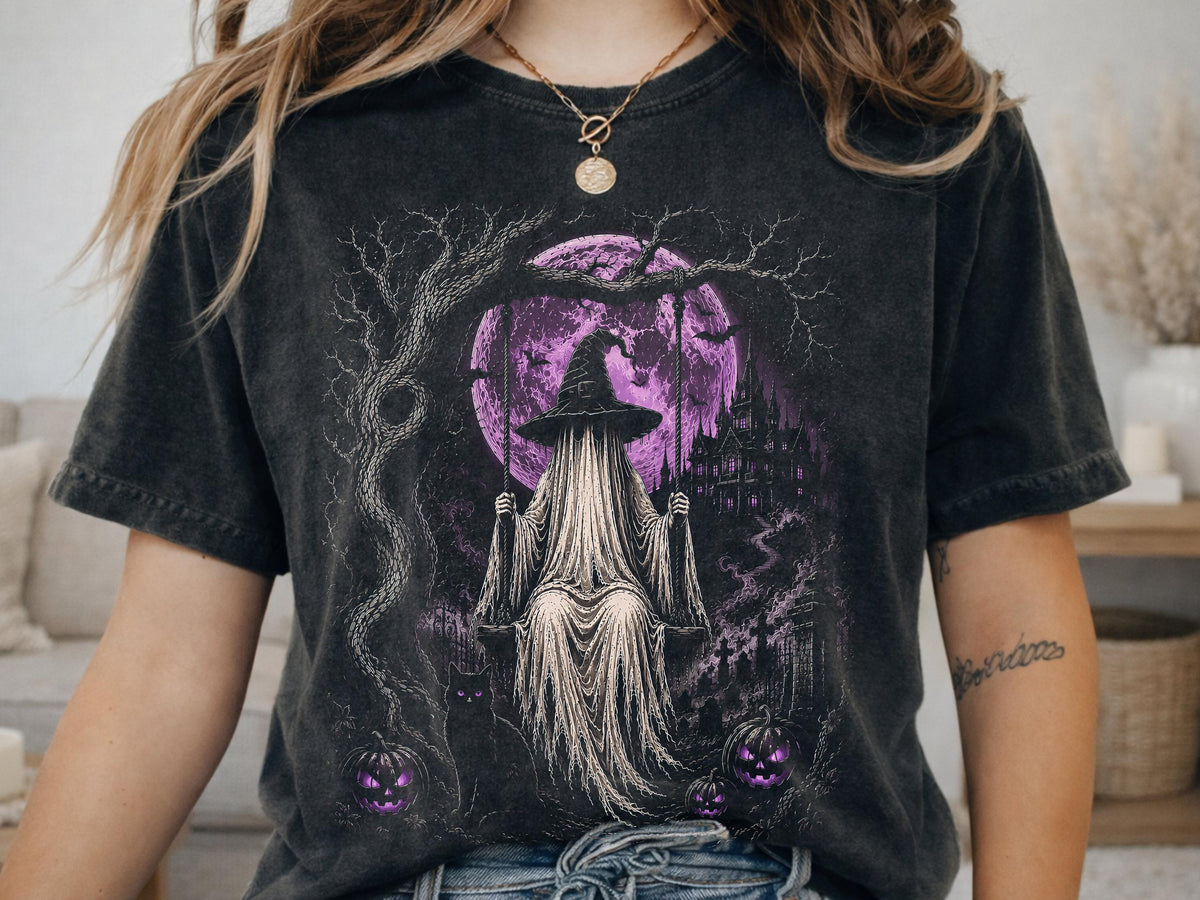 Purple Moon Witch Swing Shirt, Gothic Halloween Cat Pumpkin T-Shirt, Haunted Castle Witch Hoodie, Purple Halloween Sweatshirt