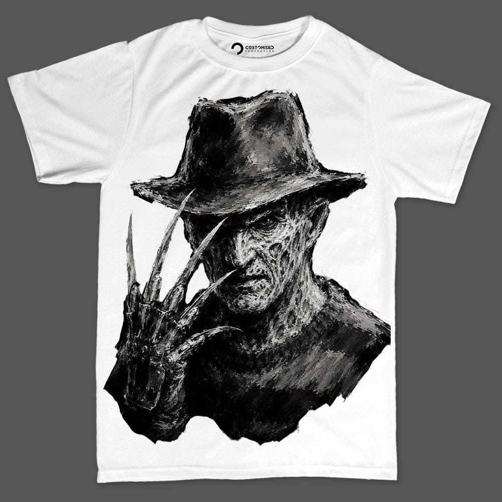 Bladed Glove Villain Shirt, Nightmare Stalker Portrait T-Shirt, Chalk Art Horror Hoodie, Fedora Horror Sweatshirt, Halloween Tee Gift