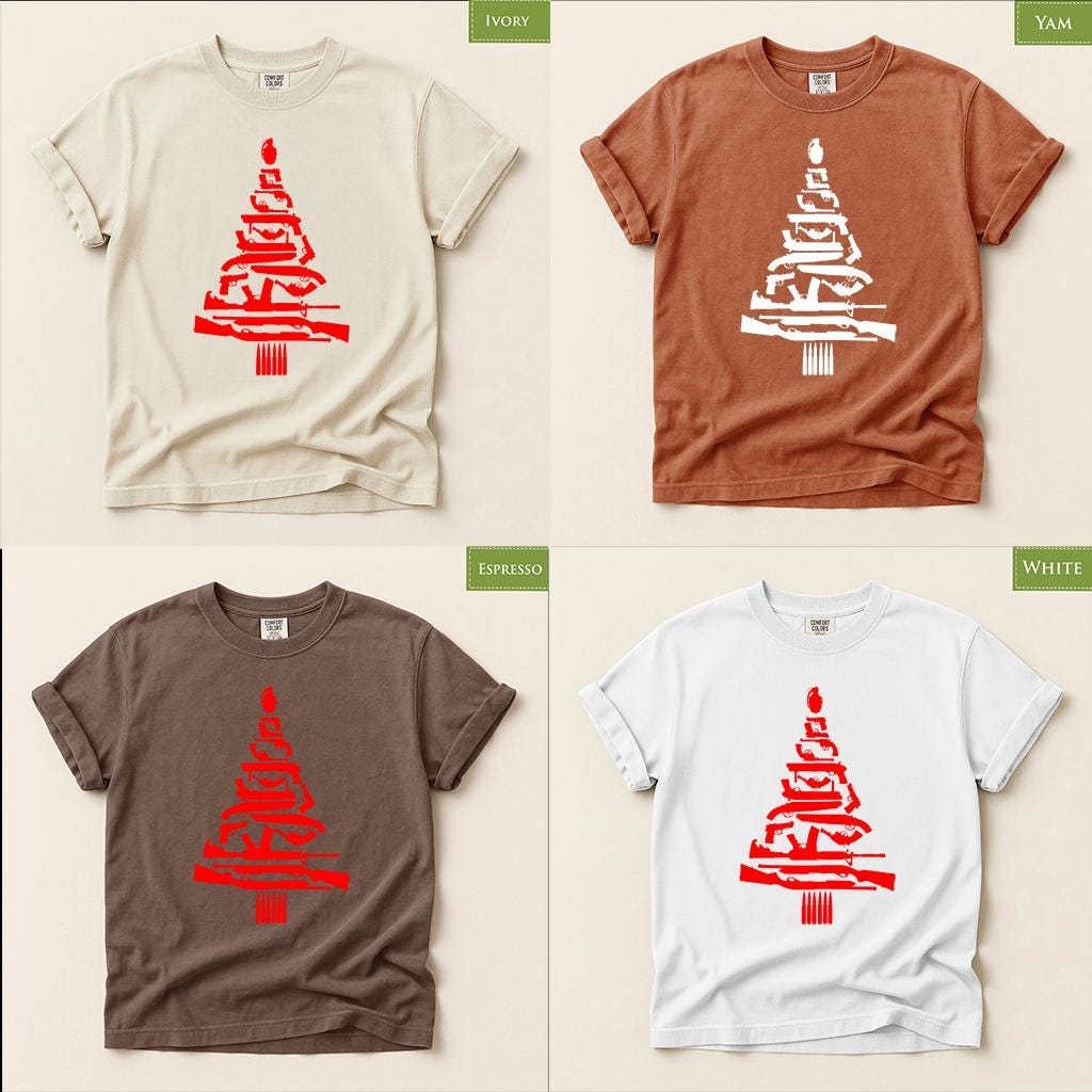 Comfort Colors® Christmas Tree Gun Shirt, Firearm Holiday Tee, Funny Hunting Christmas Graphic, Festive Gift