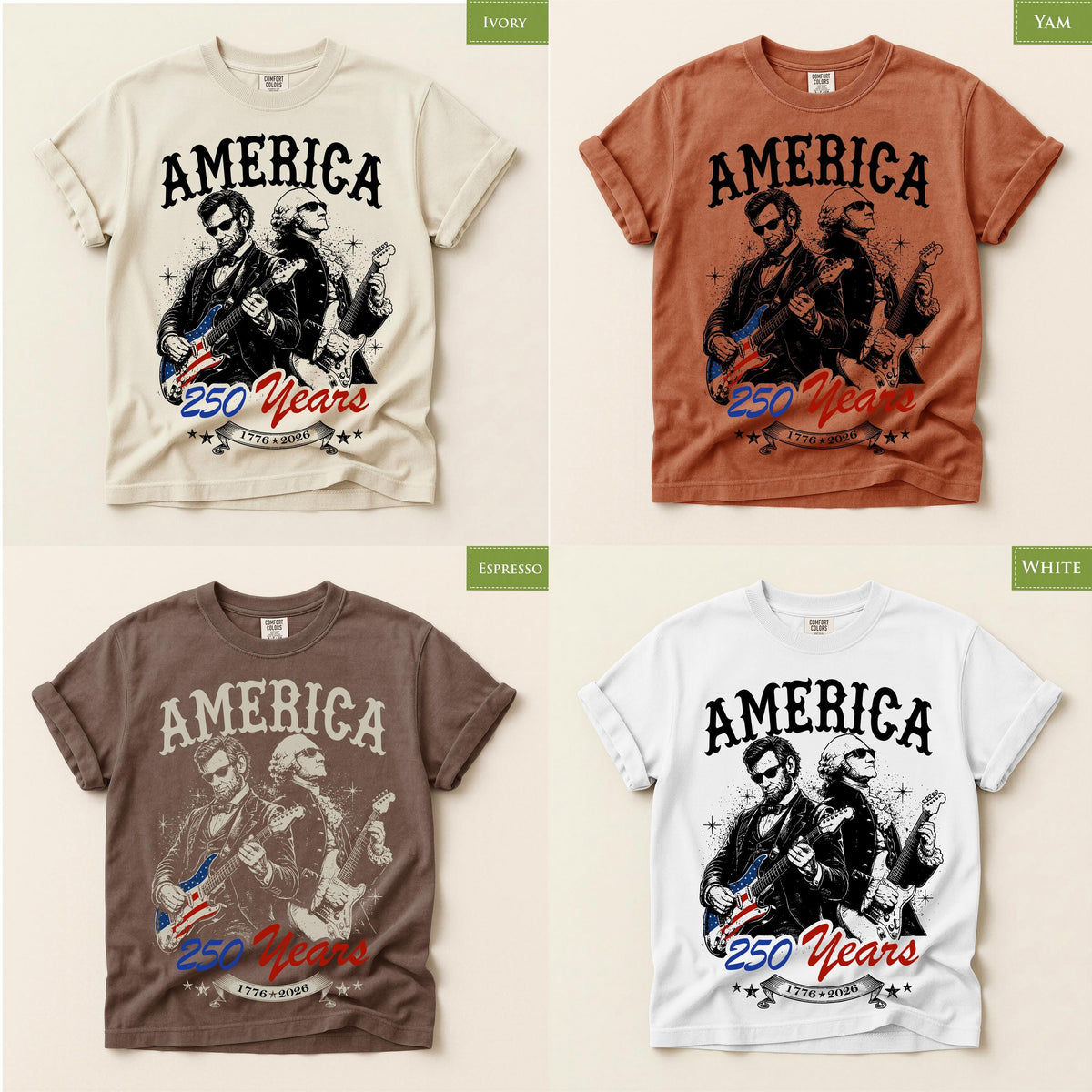 Comfort Colors® Abraham Lincoln and George Washing Playing Guitar T-shirt, July 4th 250th Anniversary Tee, America 250 Celebration Tshirt