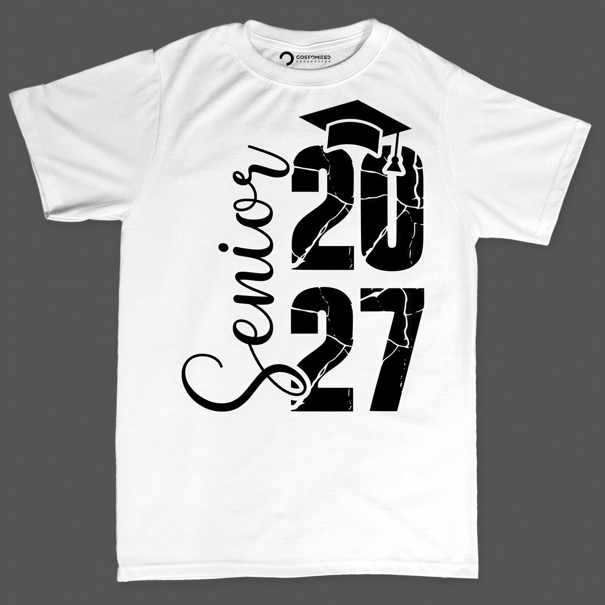 Senior 2027 Cracked Shirt, Class of 2027 Graphic T-Shirt, Black and White Grad Cap Hoodie, Vertical Script Senior Sweatshirt
