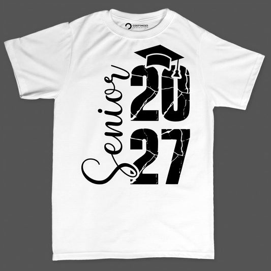 Senior 2027 Cracked Shirt, Class of 2027 Graphic T-Shirt, Black and White Grad Cap Hoodie, Vertical Script Senior Sweatshirt