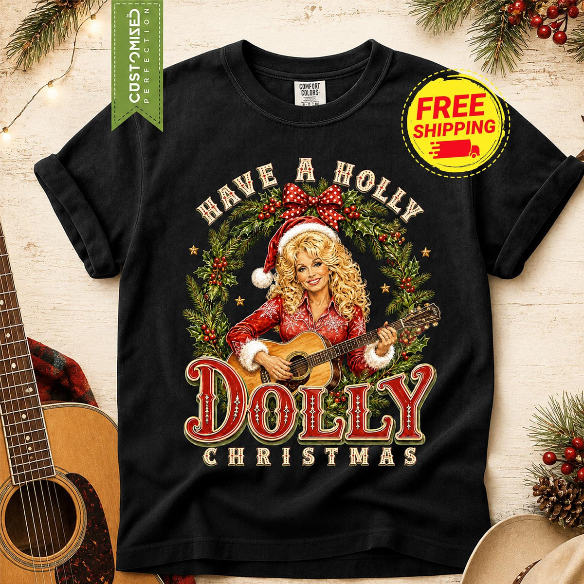 Comfort Colors® Have A Holly Dolly Christmas Shirt, Dolly Parton Guitar T-Shirt, Santa Hat Country Christmas Tee, Country Music Gift Idea
