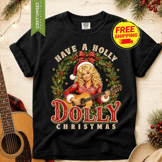 Comfort Colors® Have A Holly Dolly Christmas Shirt, Dolly Parton Guitar T-Shirt, Santa Hat Country Christmas Tee, Country Music Gift Idea