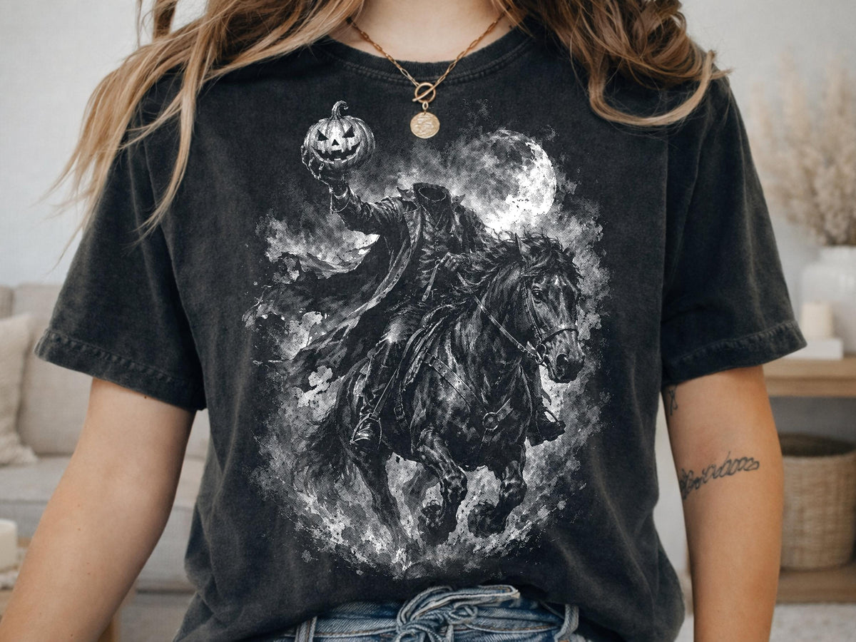 Headless Horseman Shirt, Pumpkin Head Halloween T-Shirt, Gothic Horse Rider Hoodie, Dark Fantasy Halloween Sweatshirt, Spooky Tee Gift