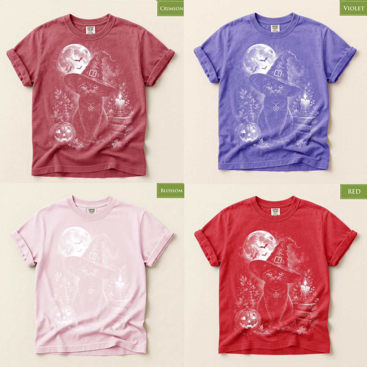 Comfort Colors® Black Cat Witch Graphic Tee, Halloween Pumpkin Moon Shirt, Spooky Magic Apparel Gift
