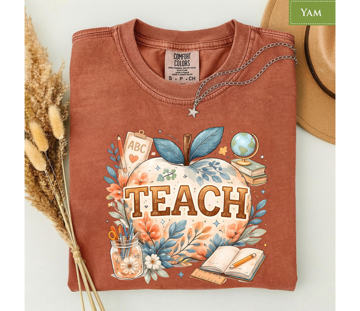 Comfort Colors® Boho Teach Apple Teacher Shirt, Floral Classroom Educator Back to School Graphic Tee