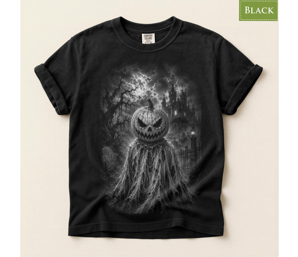Comfort Colors® Pumpkin Scarecrow Graphic Tee, Haunted Halloween Shirt, Spooky Gothic Apparel Gift