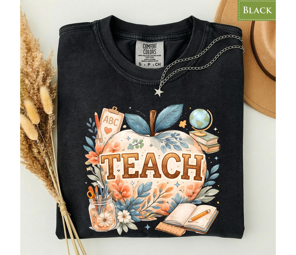 Comfort Colors® Boho Teach Apple Teacher Shirt, Floral Classroom Educator Back to School Graphic Tee
